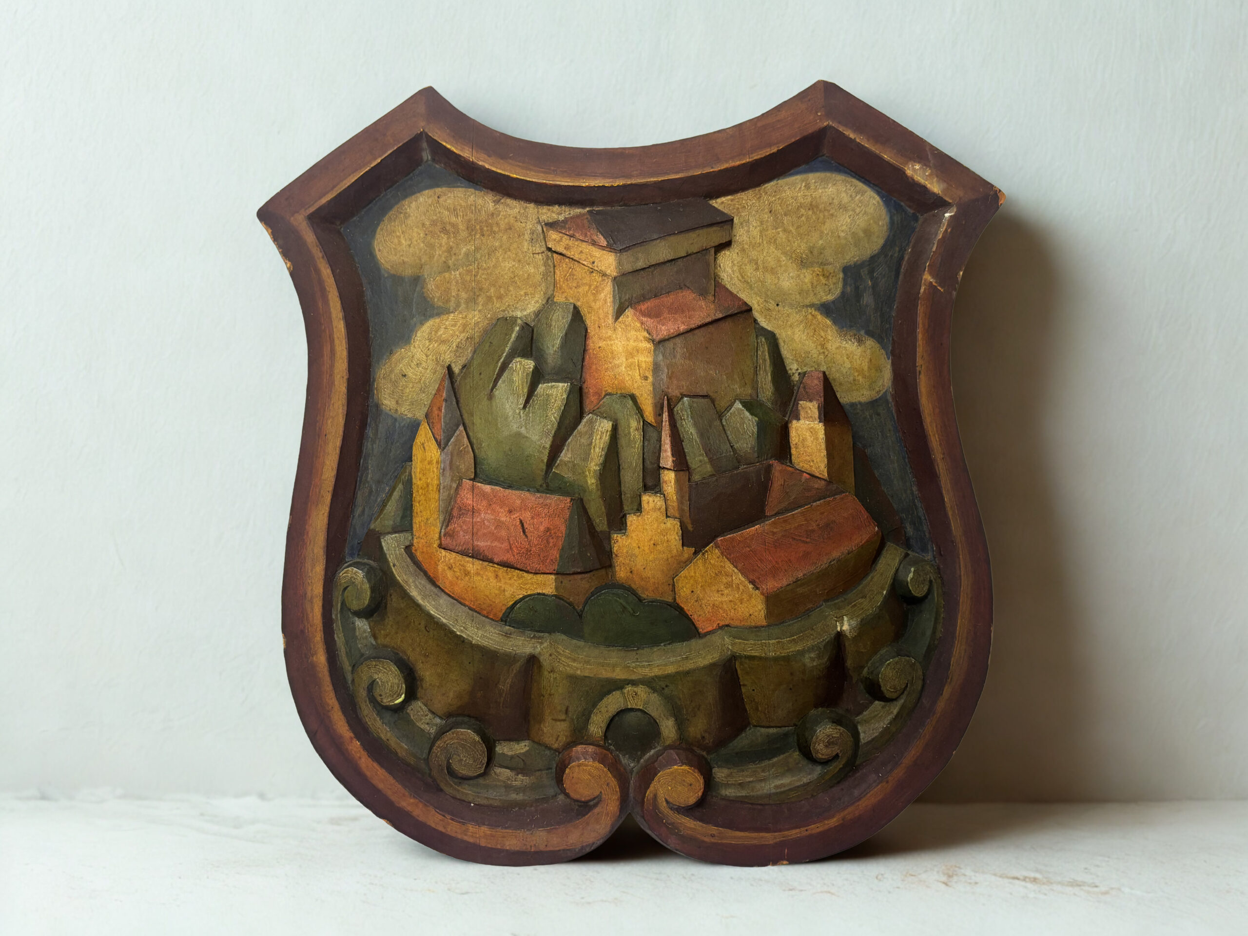 Majestic Polychrome Wood Relief: "Castle on the Cliffs" (Austro-Hungarian Empire, c. 1900)